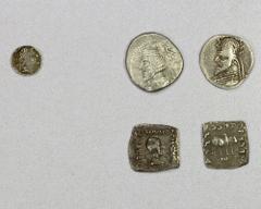 Ancient - Greek BACTRIA & PARTHIA: LOT of 5 silver coins, Bactria (Indo-Greek): Eukratides I (AE obol, Bop-3, monogram obscure, VF, porous surfaces), Philoxenos (AR drachm, Bop-4, F-VF, porous surface