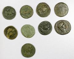 Group Lots - Ancient ANCIENT: ROMAN PROVINCIAL: LOT of 9 provincial AEs, including Augustus: Gaul, Nemausus (Nîmes, RPC-522, chained crocodile); Tiberius: Syria, Antioch (RPC-4272), Hadrian: Syria, An
