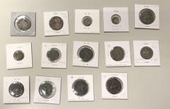 Group Lots - India ANCIENT & MEDIEVAL INDIA: LOT of 14 coins, including Indo-Scythians (9: 1 AR tetradrachm (VF), 7 AE hexamchalkoi and a lighter unit, a few AEs with verdigris), Gandhara (AR 1/4 shat