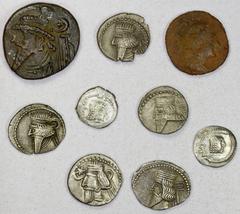Group Lots - Ancient ANCIENT: LOT of 9 coins, including Himyarite (2 AR units of Tha'ran Ya'ub), Elymais (AE tetradrachm of unknown Arsacid king), Parthia (5 AR drachms, incl. one of Artabanos II of N