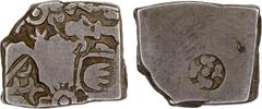 India - Ancient MAURYAN: Punchmarked, 3rd/2nd century BC, AR karshapana (3.24g), CH-572, series VIb, sun, 6-arm symbol, hill, footprint in a square, and deity on pedestal // 4 taurines around circular