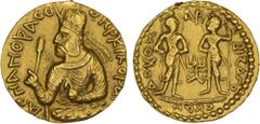 India - Ancient KUSHAN: Huvishka, ca. 155-187 AD, AV dinar (7.97g), G-156.2 (same dies), ANS Kushan-723, diademed and crowned half-length bust left, with flames above right shoulder, holding mace and 