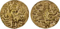India - Medieval SAMATATA: Anonymous, ca. 450-500, AV stater (6.40g), Bose & Nasir-SAM1B.1, local style derived from Kushan prototypes: king standing, sacrificing over altar with right hand and holdin