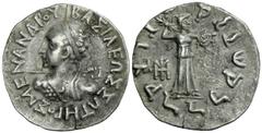 INDO-GREEK: Menander II, ca. 155-130 BC, AR drachm (2.43g), Bop-3E, BA?I?E?? ??THPO? MENAN?POY, diademed bust left seen from behind, wielding spear, aegis on shoulder / Karosthi legend, Athena advanci