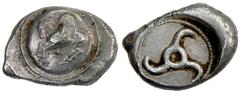 LYCIA: Uncertain Dynasty, ca. 500-460 BC, AR stater (9.92g), SNG von Aulock-4089, round shield depicting curled wing Pegasus flying left / triskeles, without pellet or monogram, wonderfully centered o
