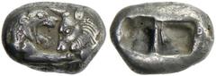LYDIA: Kroisos, 561-546 BC, AR stater (double siglos) (10.5g), S-3419, SNG Van Aulock 2873, foreparts of lion right and bull left, face to face / oblong punch, divided into two squares, VF, R. Part of