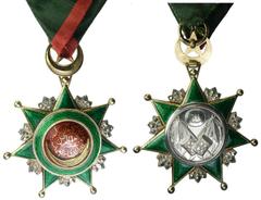TURKEY: Abdul Aziz, 1861-1876, Osmani Nishani order, ND, Order of Osmanie 4th Class, seven-pointed dark green enamel, silver and silver-gilt star with ball-tipped finials and with three short faceted 