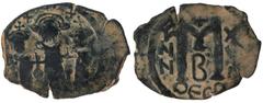ARAB-BYZANTINE: Three Standing Figures, ca. 640s, AE fals (4.58g), "year 17 ", A-3501, MIB-X51 (same reverse die), mint ΘECP for Thessalonika, but minted in Syria, officina B, decent strike, choice VF