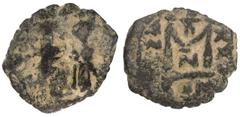 ARAB-BYZANTINE: Two Standing Figures, ca. 636-640s, AE fals (5.41g), N[eapolis] (Nablus), "year 25 ", A-3502N, MIB-X23, mint formula CON in exergue, Fine, RRR. The type is derived from the follis of H