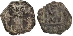 ARAB-BYZANTINE: Two Standing Figures, ca. 636-640s, AE fals (5.06g), N[eapolis] (Nablus), DM, A-3502N, MIB-X23, year is pseudo-25, largely off flan on this piece, mint CON in exergue, letter K between