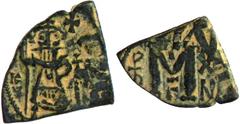 ARAB-BYZANTINE: Two Standing Figures, ca. 640s-650s, AE fals (3.22g), ND, A-3507, mint name (if any) off flan, capital M, with monogram of Heraclius to the left, letter XN to right, and officina Γ, st