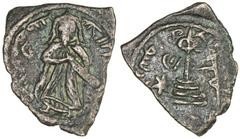 ARAB-BYZANTINE: Standing Caliph, ca. 690s, AE fals (2.70g), Halab, ND, A-3529, mint name right of the cross-on-steps, facing downwards, 6-point star and Greek letter E to left, struck on planchet whic