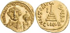 ARAB-BYZANTINE: AV solidus (4.27g), NM, ND, A-3548.2, Miles (1967), Plate XLV:4, Bernardi-2, large & small facing busts, short beards / horizontal bar on steps, degenerate Greek text, officina letters