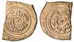 ZIRID OF GRANADA: Badis b. Habbus, 1038-1073, AV fractional dinar (1.72g), NM, ND, A-I372, Fatimid design, derived from issues of the Fatimid Imam al-'Aziz, 976-997, one scratch, crude planchet, VF, R