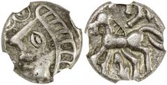 ATREBATES: Commios, ca. 50-40 BC, AR unit, S-69, Van Arsdell-355, Celtic Britain, Ladder Head Type, Celtic head left with two-pin lips and vertical lentoid eye with small face and ringed-pellets in fr