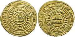 KINGDOM OF JERUSALEM: 2nd series, ca. 1187-1260, AV bezant (3.56g), "Misr", ND, Ma-5. A-730, imitation of a Fatimid dinar of al-Âmir al-Mansur (1101-1130), minor weakness, flan crack, VF-EF.