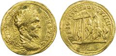 India - Ancient INDO-ROMAN: Septimius Severus, 193-211, AV aureus (6.96g), emperor's protrait, based on his later years, with blundered text around, SVEVEVE(...) PIVS VIIC // three people standing bef