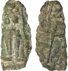 India - Ancient CEYLON: Anonymous, 1st-2nd century AD, AE plaque (1.02g), ND, Mitch-5052/53, deity standing between two standards // swastika atop railed pole, coin alignment, lower weight, uncertain 