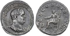 Ancient ROMAN EMPIRE: Balbinus, 238 AD, AE sestertius (20.08g), Rome (238), S-8494, laureate bust of Balbinus // CONDORIA AVGG, Concordia seated left, holding patera & cornucopiae; lovely example, wit