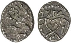 World - Africa ST. HELENA: George I, 1714-1727, AR 3 pence (0.92g), 1714, KM-3, Prid-1:719, struck at the St. George mint at Madras for shipment to St. Helena: lion rampant // date above the balemark 