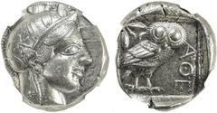 Ancients - Western ATHENS (ATTICA): 440-404 BC, AR tetradrachm, S-2526, helmeted bust of Athena right // owl standing right with head facing, AΘE before, olive spray and crescent behind, Strike: 5/5, 