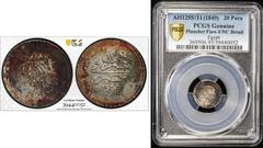 Ottoman Empire EGYPT: Abdul Mejid, 1839-1861, AR 20 para, Misr, AH1255 year 11, KM-227, deep old toning, planchet defect, PCGS graded Unc details.