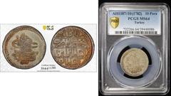 Ottoman Empire TURKEY: Abdul Hamid I, 1774-1789, AR 10 para (onluk), Kostantiniye, AH1187 year 10, KM-384, an lovely mint state example with attractive toning! PCGS graded MS64.