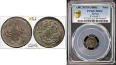 Ottoman Empire TURKEY: Abdul Mejid, 1839-1861, AE para, Kostantiniye, AH1255 year 18, KM-665.2, nice toning, PCGS graded MS62.
