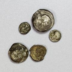 Group Lots - Ancient BACTRIA: LOT of 5 silver coins, including Athena/Owl-type tetradrachm, didrachm, hemidrachm, Athena/eagle-type hemidrachm, and Sophytes cockerel-type drachm (name partially legibl