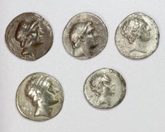 Group Lots - Ancient SELEUKID KINGDOM: LOT of 5 tetradrachms, including Seleukos III, Antiochos IV (2), Demetrios I, and a possible contemporary imitation of Characene Hyspaosines tetradrachm (11.42g)