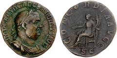 Ancient - Greek & Roman ROMAN EMPIRE: Balbinus, April-July 238, AE sestertius (18.63g), Rome, RIC-22, laureate, draped and cuirassed bust right, IMP CAES D CAEL BALBINVS AVG // Concordia seated left, 