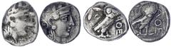 Altgriechische Münzen Attika Athen 2 x Tetradrachme nach 449 v. Chr. Athenakopf mit attischem Helm r./AOE Eule, dahinter Lorbeerzweig und Halbmond. 16,31 g und 16,35 g. sehr schön und schön