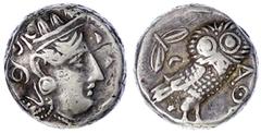 Altgriechische Münzen Attika Athen Tetradrachme 286/267 v. Chr. Kopf der Athena r./Eule. 17,17 g. sehr schön. SNG Copenhagen 64.