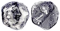 Altgriechische Münzen Attika Athen Tetradrachme 286/267 v. Chr. Kopf der Athena r./Eule. 17,16 g. fast sehr schön, Avers dezentriert. SNG Copenhagen 64.