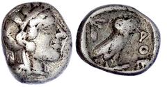 Altgriechische Münzen Attika Athen Drachme 479/393 v. Chr. Kopf der Athena mit attischem Helm n.r./Eule auf Standleiste, links Olivenzweig. 4,19 g. fast sehr schön. SNG Copenhagen 41.