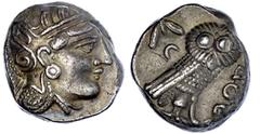 Altgriechische Münzen Attika Athen Tetradrachme 353/294 v. Chr. Kopf der Athena r./Eule. 16,88 g. Unbekannte östliche Münzstätte. vorzüglich Vgl. Davissons Auktion 42, Nr. 74. SNG Copenhagen vgl. 64.