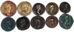 Lots antiker Münzen Römer Kaiserzeit 10 Bronzemünzen: Claudius 2 versch. Asses, Domitian 2 versch. Asses, Hadrian Dupondius und Sesterz, Faustina junior As und Sesterz, Sept. Sev. Sesterz, Sev. Alexan
