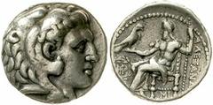 Tetradrachme 336/323 v. Chr. Herakleskopf im Löwenfell r./Î‘Î›Î•ÎžÎ‘ÎÎ”Î¡ÎŸÎ¥ Î’Î‘Î£Î™Î›Î•Î©Î£. Zeus thront l., hält Adler, Beizeichen Monogramm im Kranz, unter Thron MI. sehr schön