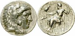 Tetradrachme, posthum, Tarsos 323/317 v. Chr. Herakleskopf im Löwenfell r./Î‘Î›Î•ÎžÎ‘ÎÎ”Î¡ÎŸÎ¥. Zeus thront l., hält Adler, links Nike über Kerykaion, unter Thron Î•. Price 3052. sehr schön, Kratzer