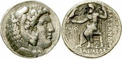 Tetradrachme, posthum, Arados 323/320 v. Chr. Herakleskopf im Löwenfell r./Î‘Î›Î•ÎžÎ‘ÎÎ”Î¡ÎŸÎ¥ Î’Î‘Î£Î™Î›Î•Î©Î£. Zeus thront l., hält Adler, Beizeichen Kerykeion, unter Thron Î‘Î¡. Price 3332. sehr s