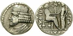 Tetradrachme, Seleukia, arsakid. Jahr 356 = 44. Diad. Brb. mit Spitzbart l./König thront r., empfängt Palmzweig von Tyche, über Palmzweig Jahreszahl. Sellwood 64.28ff. sehr schön
