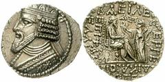 Tetradrachme, Seleukia, arsakid. Dat. April 361 = 49. Gekr. Brb. mit Spitzbart l./thronender König erhält Kranz von Tyche, darüber Jahreszahl Î‘ÎžÎ¤, unten Monatsname (Î‘)Î¡Î¤Î•Îœ(Î™Î£Î™ÎŸÎ¥). Sellwoo