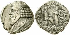 Tetradrachme, Seleukia, arsakid. Dat. 362 = 50. Gekr. Brb. mit Spitzbart l./thronender König erhält Kranz von Tyche, darüber Jahreszahl Î’ÎžÎ¤. Sellwood 65.28ff. sehr schön