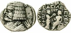 Tetradrachme, Seleukia, arsakid. Dat. 369 = 57. Diad. Brb. mit kurzem Bart l./König thront l., erhält Kranz von Tyche, darüber Jahreszahl Î˜ÎžÎ¤. Sellwood 69.10ff. sehr schön, Randfehler