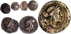 Lots antiker Münzen Griechen 7 Silbermünzen: Makedonien Tetradrachme (Senatsprägung des 2. Jh. v. Chr., Fassungsspuren, Altvergoldung und Druckstelle), Histiaia Tetrobol, Kappadokien Drachme des Ariob