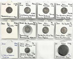 Lots antiker Münzen Römer Republik 11 Stück: 9 Denare, u.a. Cupiennii, Lucilii, Flaminii, etc., 1 Quinar, 1 As. Alle in Rähmchen bestimmt. schön bis sehr schön
