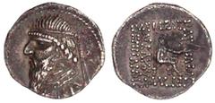 Altgriechische Münzen, Parthia, Königreich der Arsakiden, Mithradates II. 123-88 v. Chr Drachme 123/87 v.Chr. Brb. mit Diadem und langem Bart l./Arsakes thront r., hält Bogen. sehr schön. Sellwood 27.
