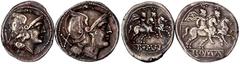 Römische Münzen, Römische Republik, Anonym, 310/130 v. Chr. 2 Stück: Denar und Quinar 211 v. Chr. Romakopf r., links Wertangabe (X und V)/ROMA. Die Dioskuren reiten r., darüber 2 Sterne. 5,09 und 2,23