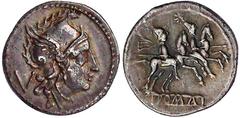 Römische Münzen, Römische Republik, Anonym, 310/130 v. Chr. Quinar 211 v. Chr. Romakopf r., links Wertangabe V/ROMA. Die Dioskuren reiten r., darüber 2 Sterne. 2,08 g. Helmkamm der Roma abweichend. vo
