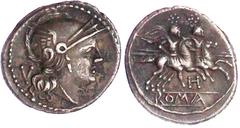 Römische Münzen, Römische Republik, Anonym, 310/130 v. Chr. Quinar 211/210 v. Chr. Mzst. in Südostitalien. Romakopf r., links Wertangabe V/ROMA. Die Dioskuren reiten r., Beizeichen H. 2,19 g. sehr sch